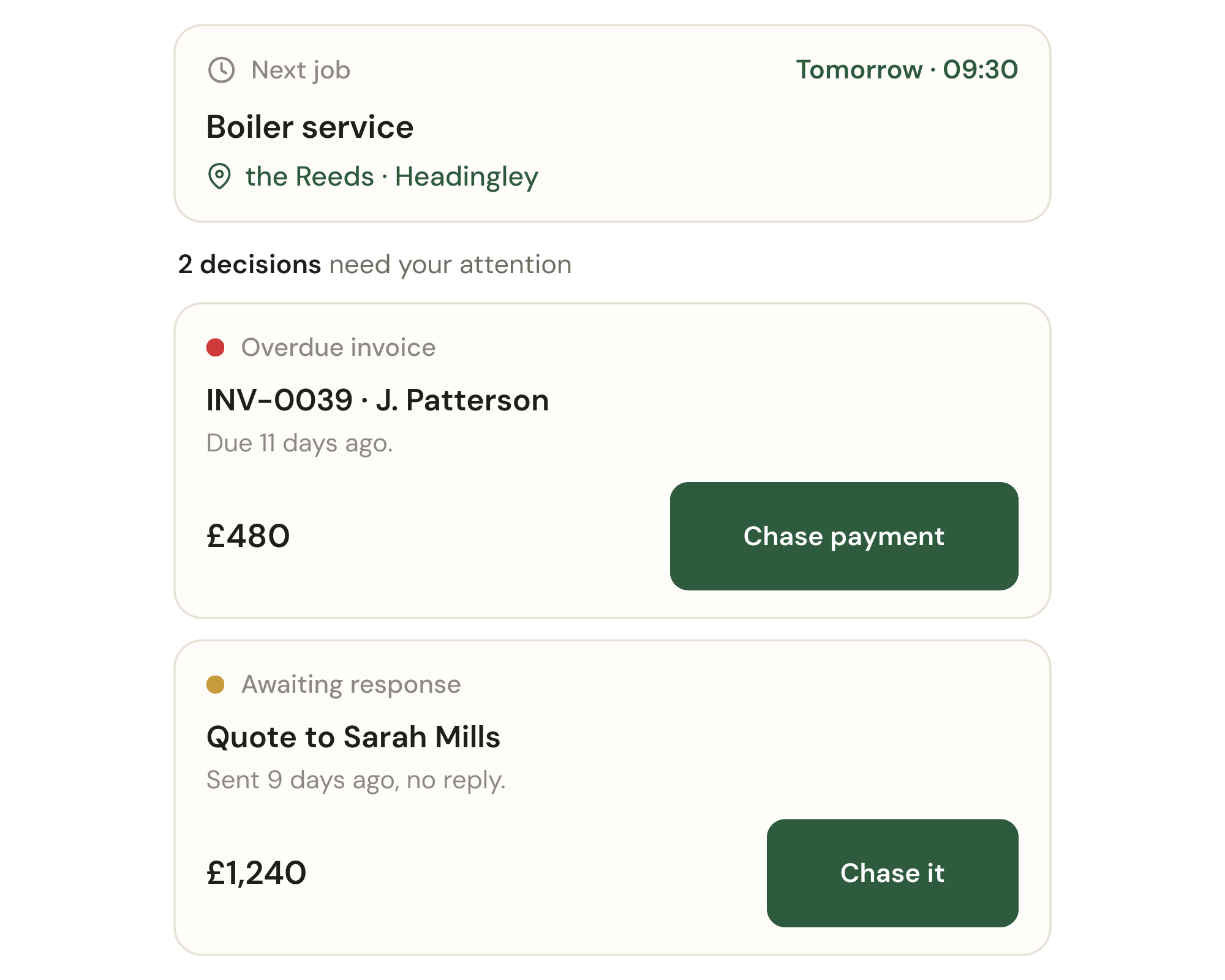 The 1pc Daily Brief: your next job, plus two decisions — an overdue invoice to chase and a quote awaiting a reply.