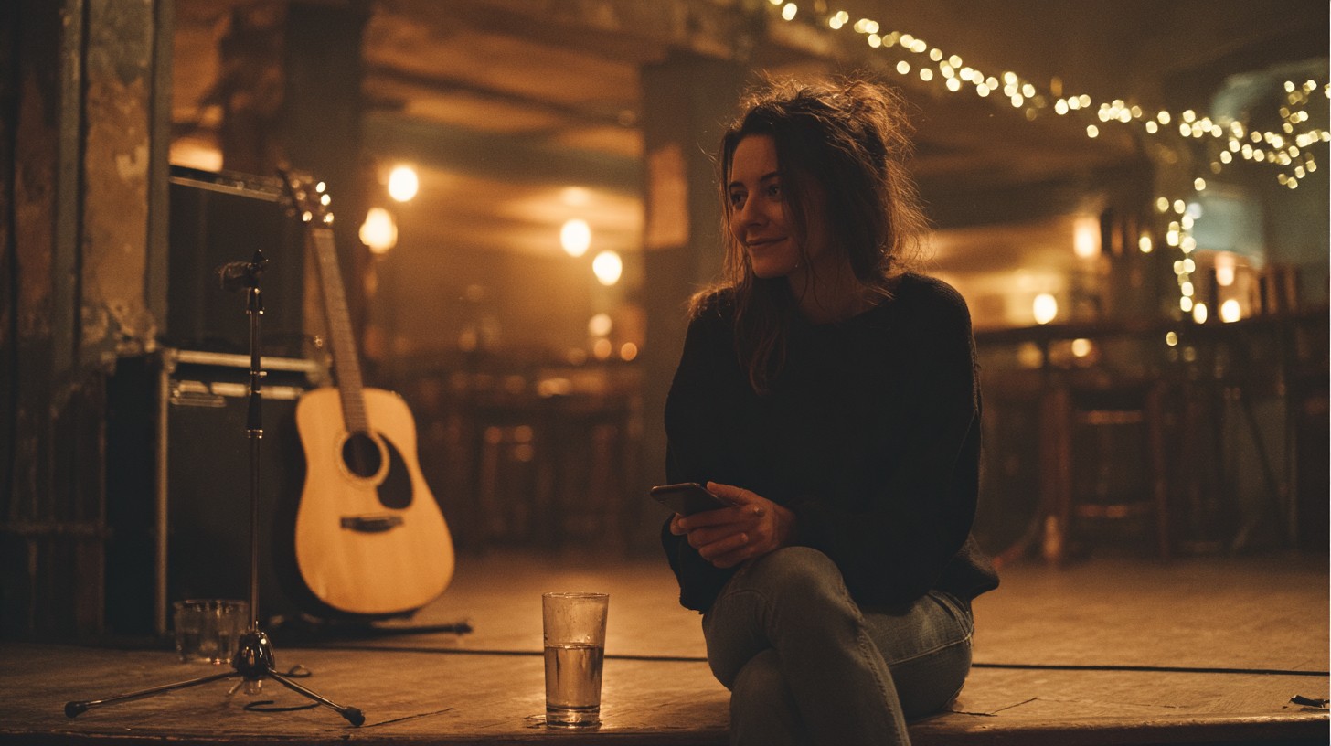 A performer between sets, reading a message on their phone.