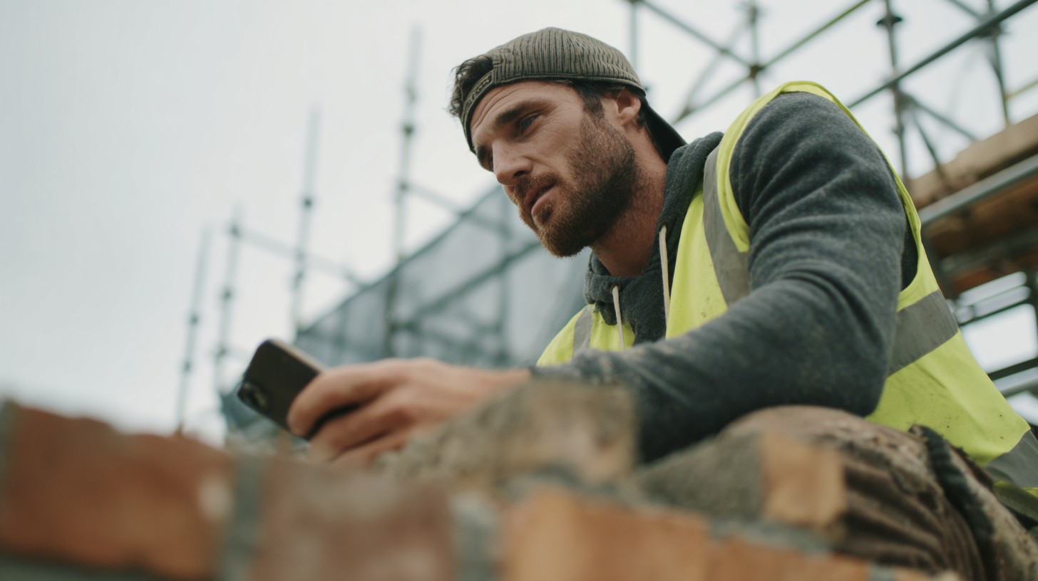 A trades worker on a phone call between jobs, kit by their feet.