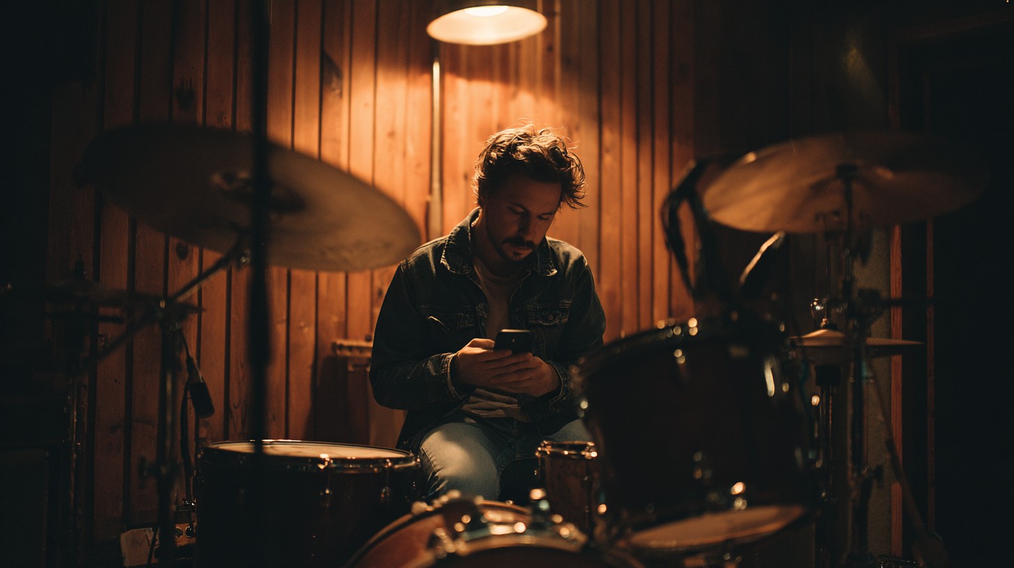 A drummer behind their kit, between songs, checking a phone resting on the snare.