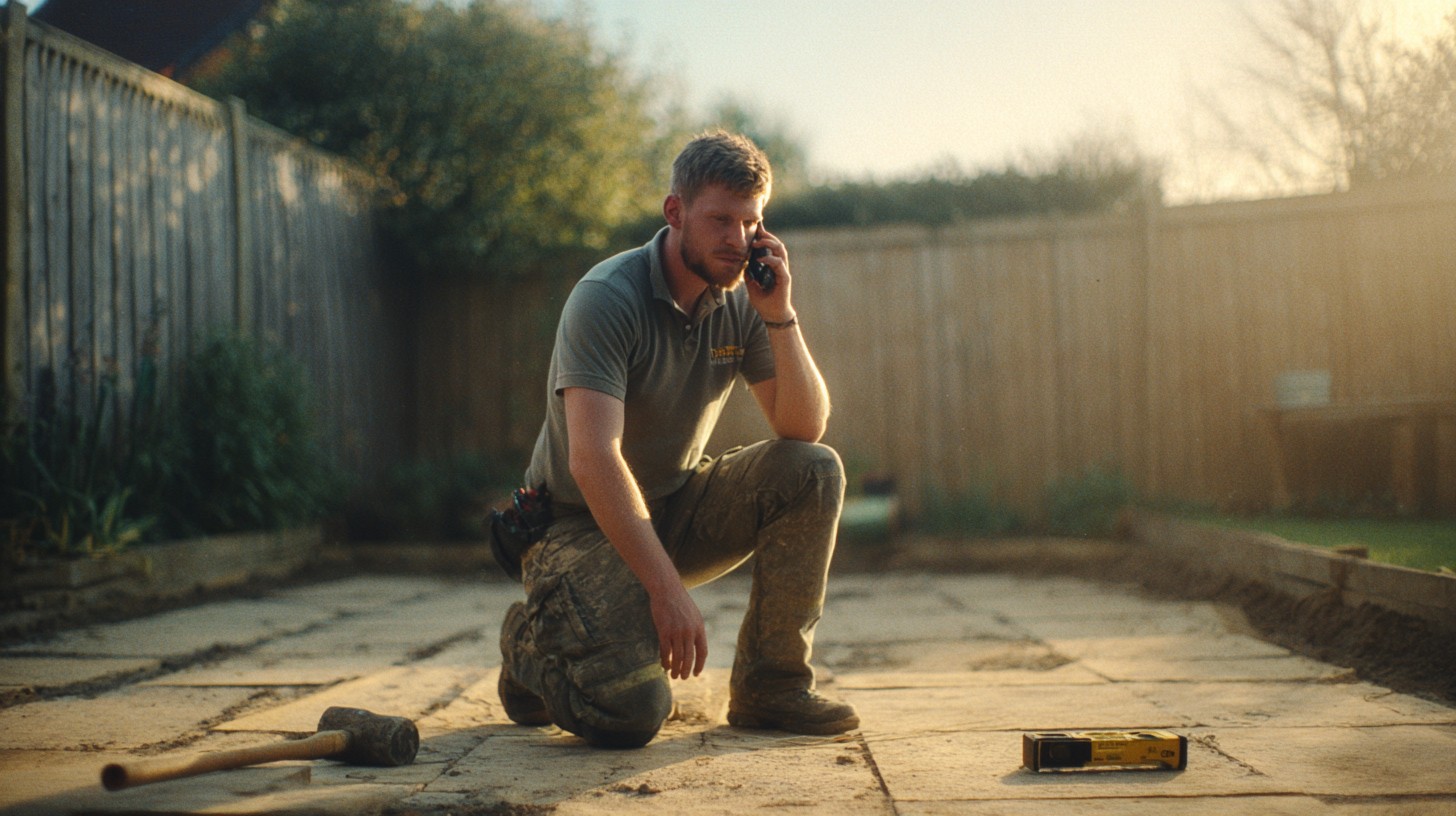 A gardener pausing on a path between jobs, looking at a phone.