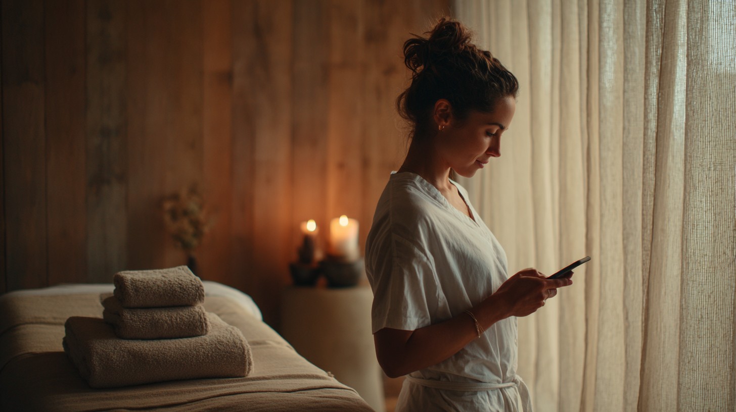 A wellness practitioner setting up between appointments.