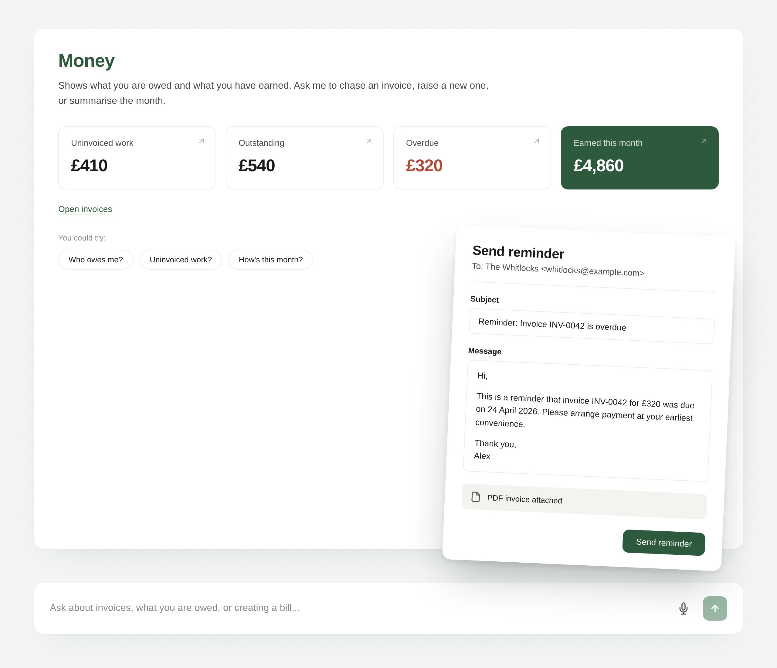 The 1pc Money view — invoices sent and chased automatically.