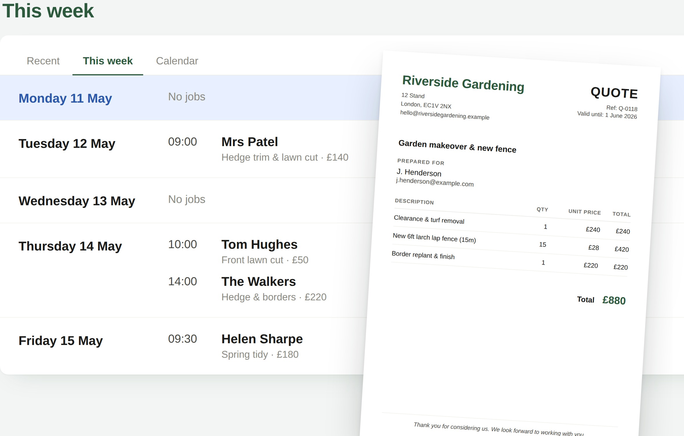 The 1pc Work view — quotes, jobs and your week in one place.